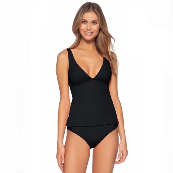 BECCA NWT Black Fine Line Tankini Top AND Bottom Two Piece SET M - Picture 1 of 7